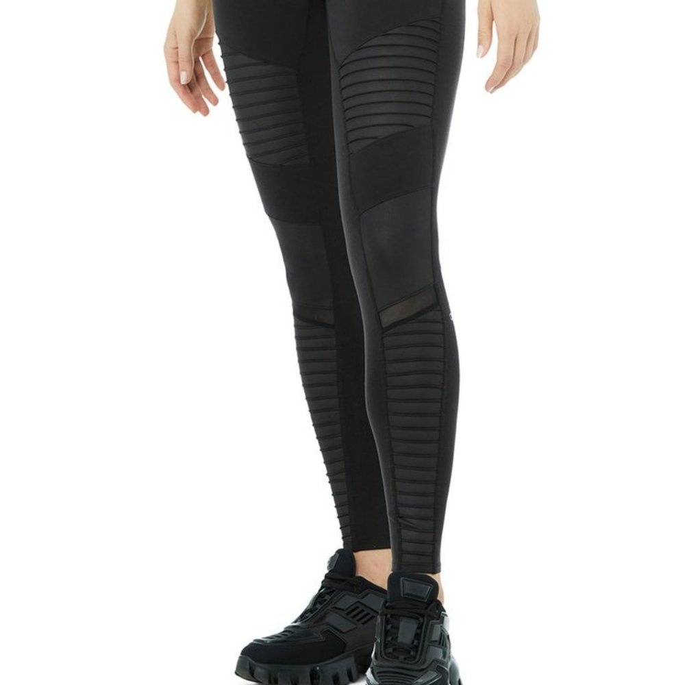 NWT Alo Yoga Black/Black Glossy Moto Leggings Size L